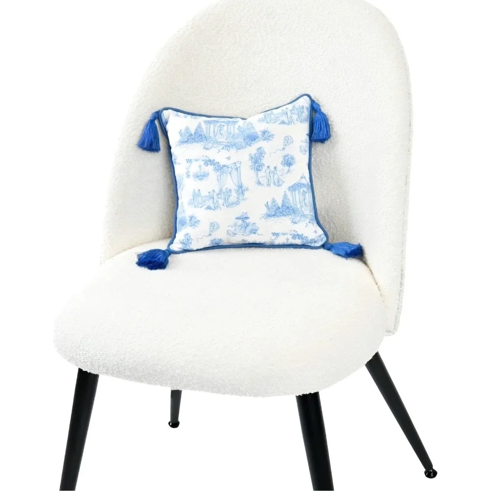 Bridgerton Toile Throw Pillow Blue White Garden Tassel Cushion 10